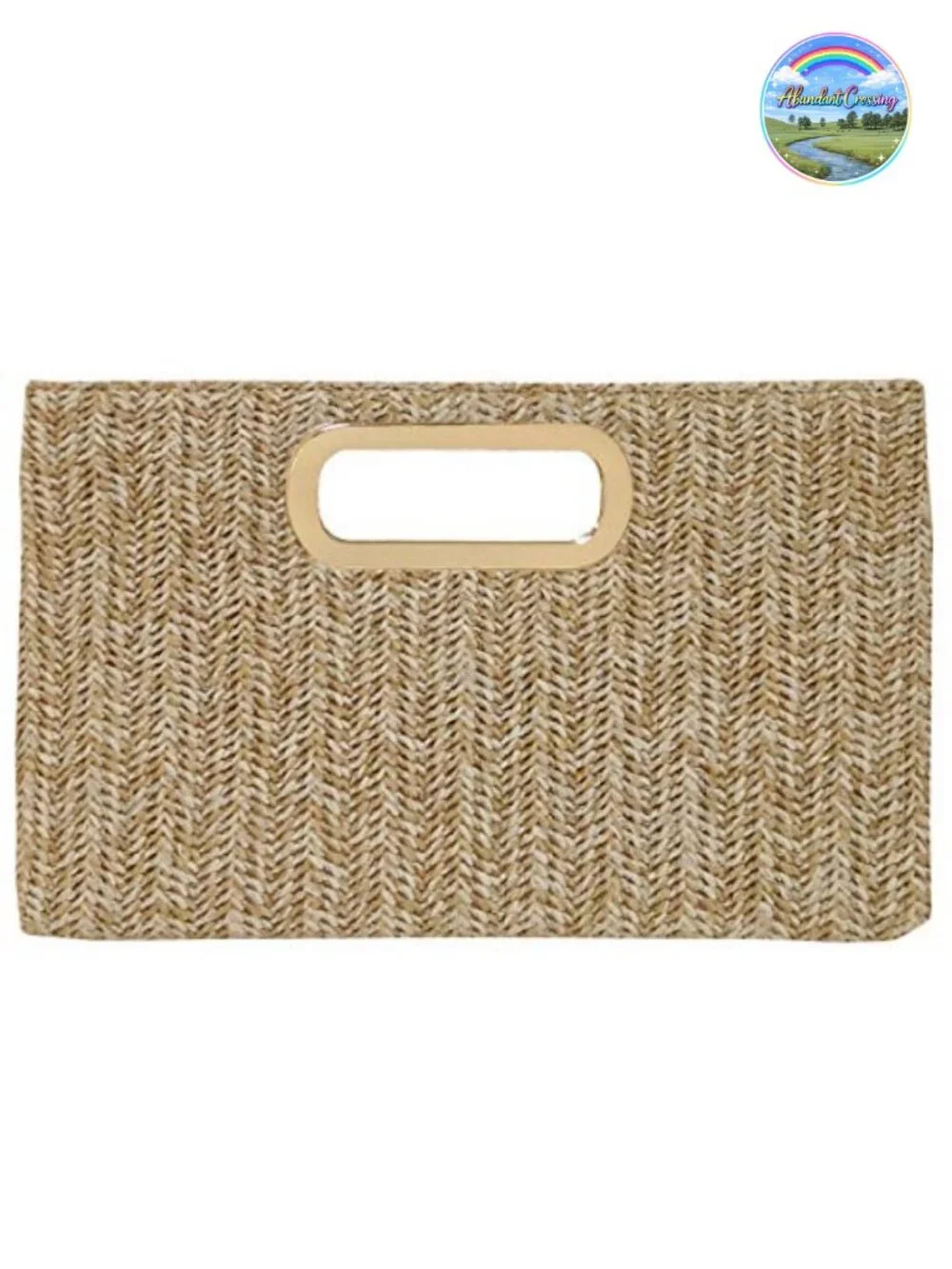 Woven Raffia Straw Clutch with Gold Chain Strap, Top Handle and Crossbody Option